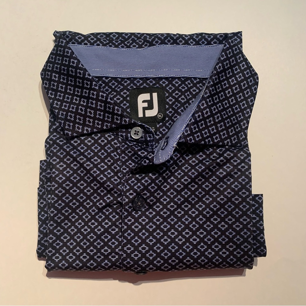 FootJoy FJ Mens Golf Polo Shirt Extra Large Black Blue Geometric All Over Print
